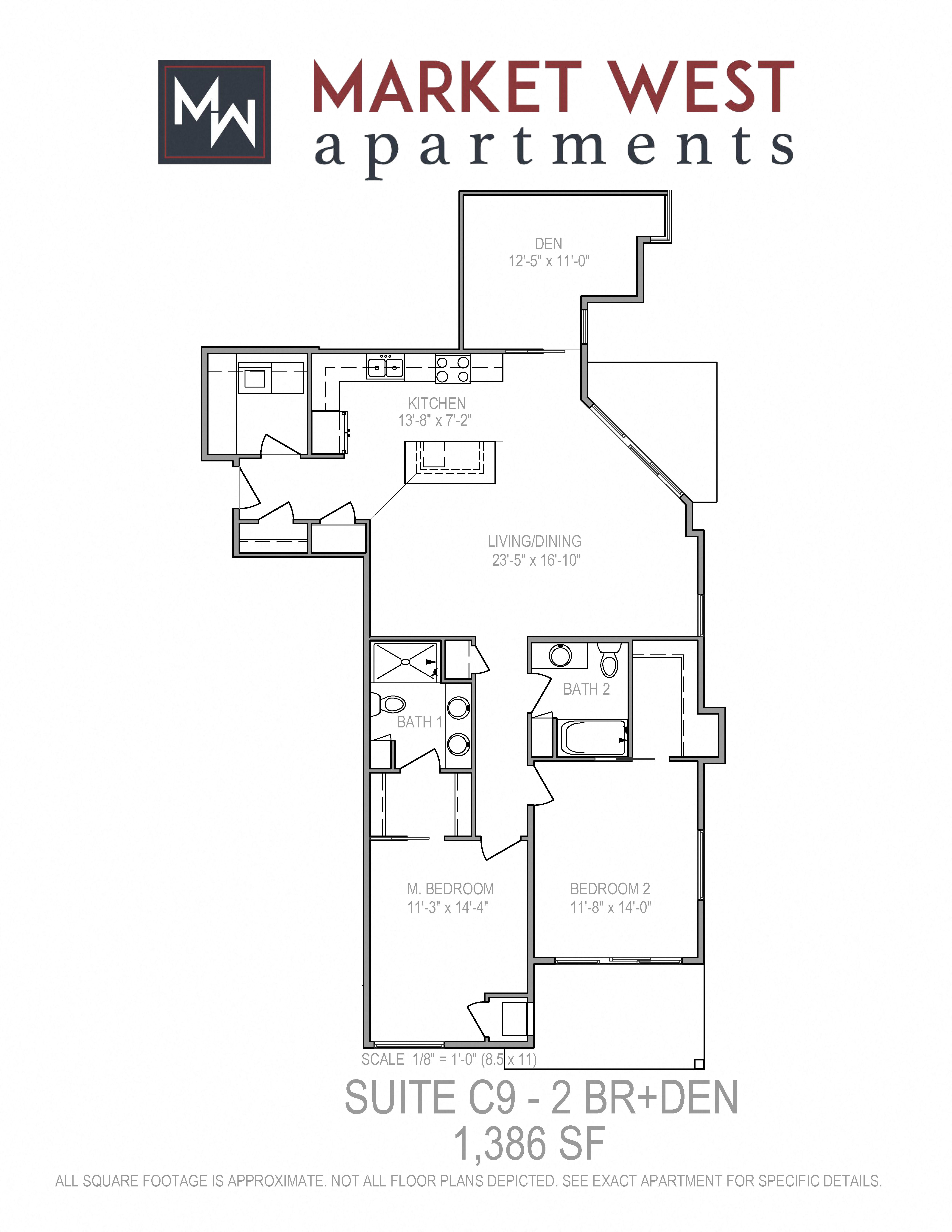 Floor plan for 2 beds, 2 baths, 1386 sqft